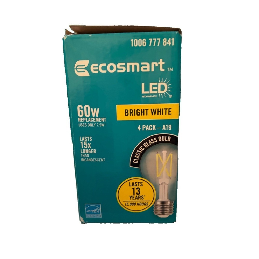 (4-Pk) EcoSmart A19 Dimmable Clear Glass Filament LED Light Bulb Bright White - Picture 5 of 5